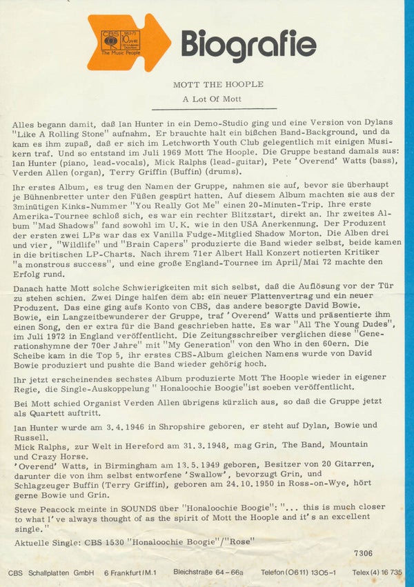 Mott The Hoople - A Lot Of Mott - July 1973 [Germany] - Press Release