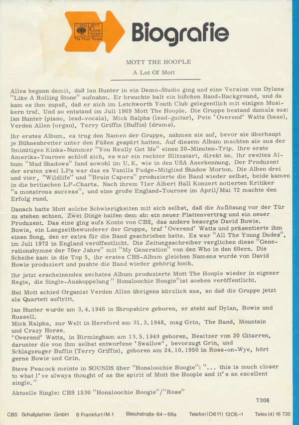 Mott The Hoople - A Lot Of Mott - July 1973 [Germany] - Press Release