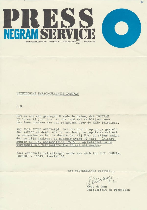 Donovan - Uitnodiging Persconferentie - July 1968 [Holland] - Press Invitation