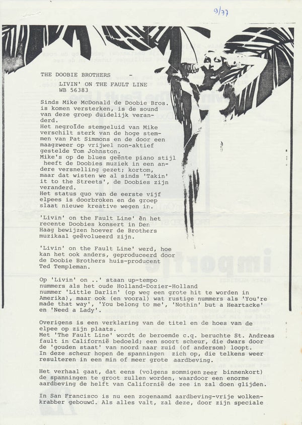 The Doobie Brothers - Livin' On The Fault Line - September 1977 [Holland] - Press Release