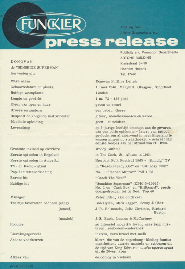 Donovan - Sunshine Superman - September 9, 1966 [Holland] - Press Release