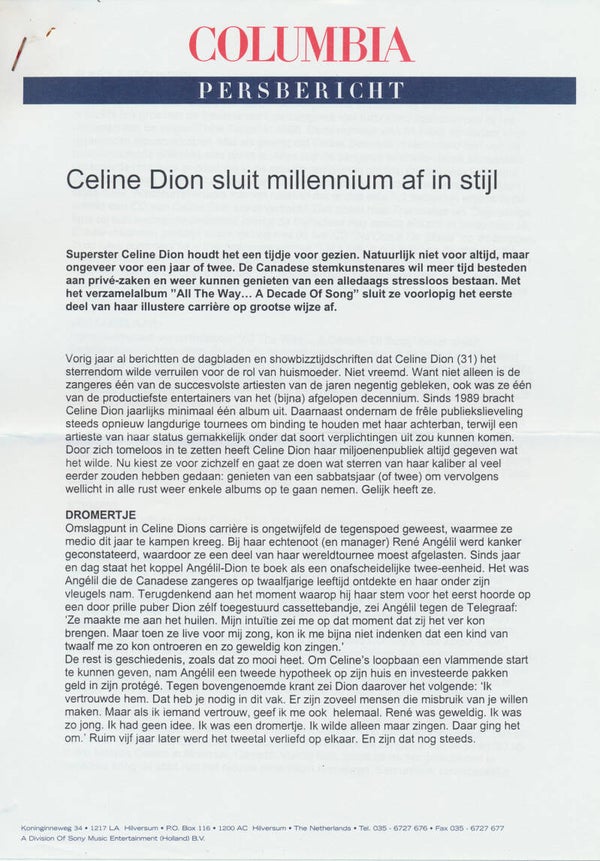 Celine Dion - All The Way - November 1999 [Holland] - Press Release