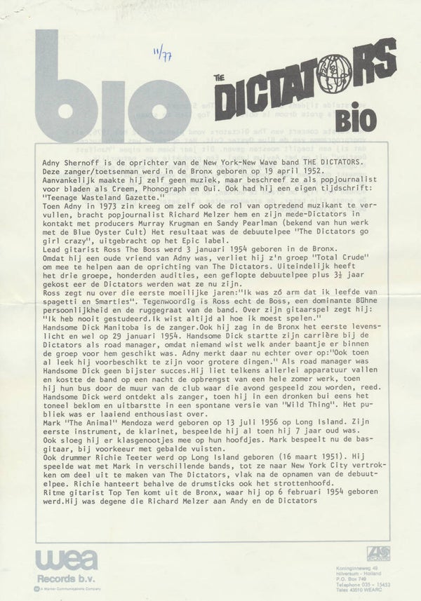 The Dictators - Manifest Destiny - Punk - November 1977 [Holland] - Press Release