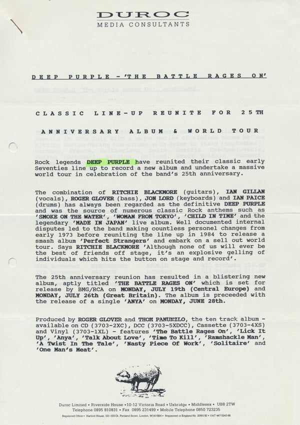 Deep Purple - The Battle Rages On - June 1993 [UK] - Press Release