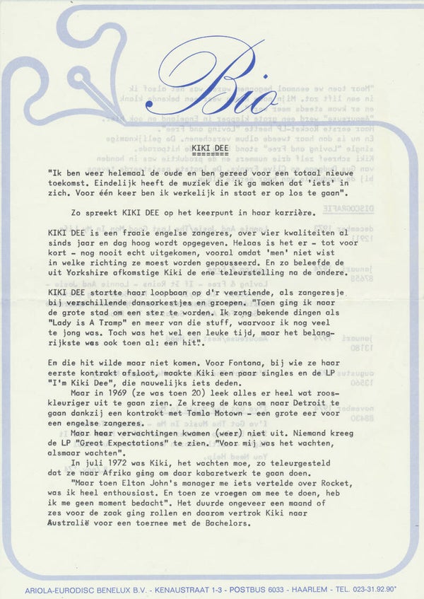 Kiki Dee - I've Got The Music In Me - November 1974 [Holland] - Press Release