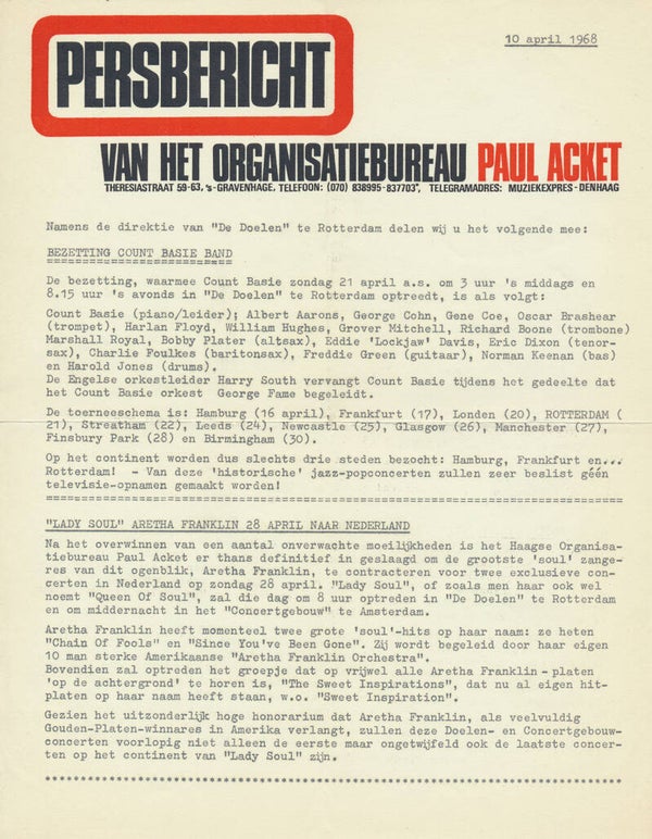 Count Basie - De Doelen, Rotterdam - April 10, 1968 [Holland] - Press Release