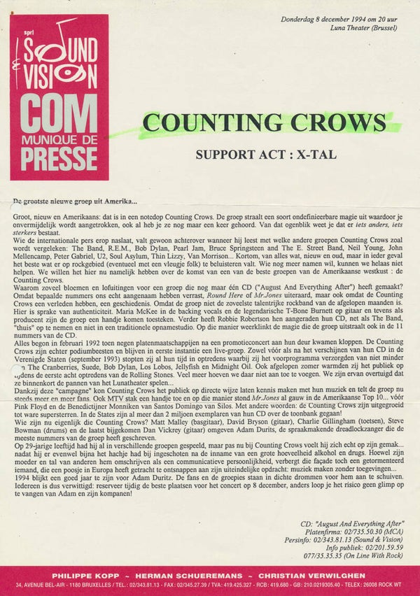 Counting Crows - Luna Theater, Brussels - December 8, 1994 [Belgium] - Press Release