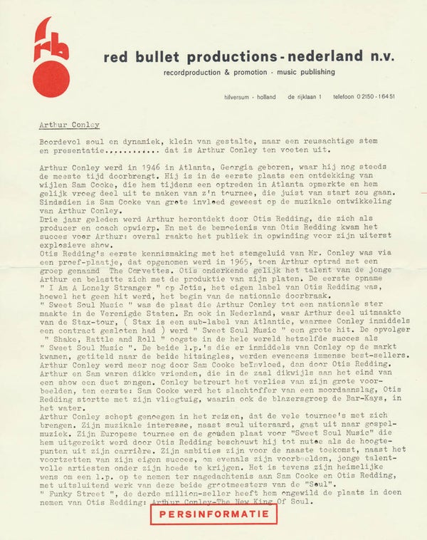 Arthur Conley - 1960s [Holland] - Press Release