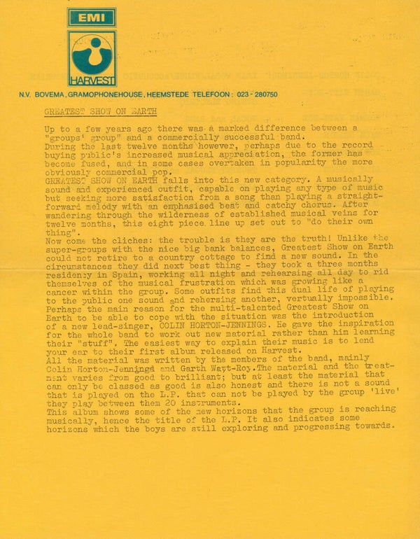 Greatest Show On Earth - Harvest - 1970 [Holland] - Press Release