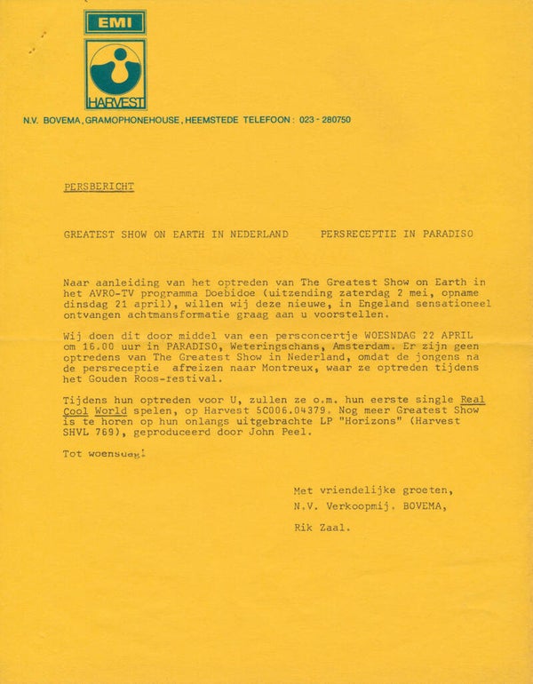 Greatest Show On Earth - Harvest - Persreceptie in Paradiso - 1970 [Holland] - Press Invitation