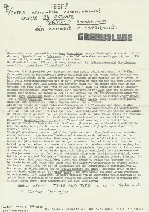 Greenslade - Paradiso, Amsterdam - October 24, 1974 [Holland] - Press Release