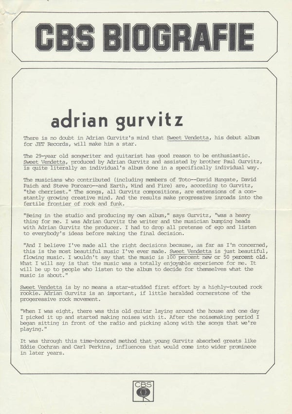 Adrian Gurvitz - Sweet Vendetta - April 1979 [Holland] - Press Release