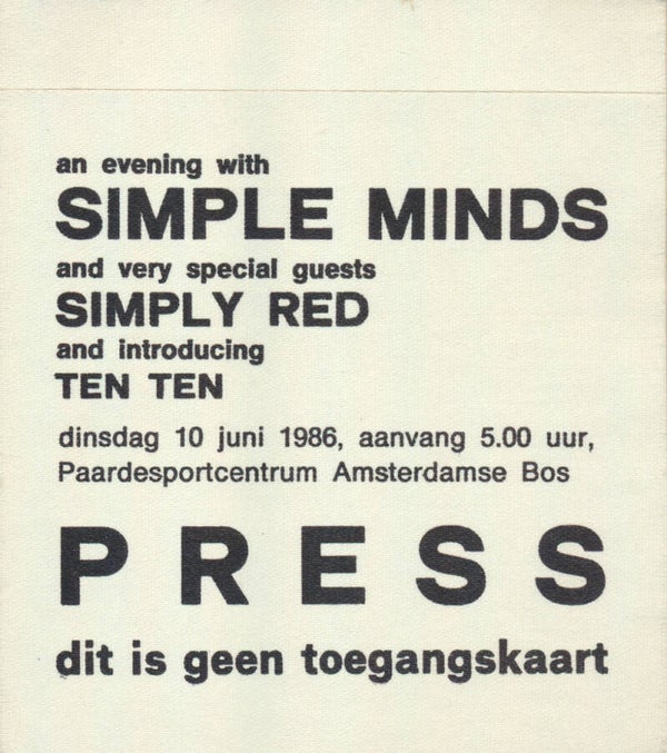 Simple Minds - Simply Red - Amsterdam - Press - 1986 [Holland] - Backstage Pass