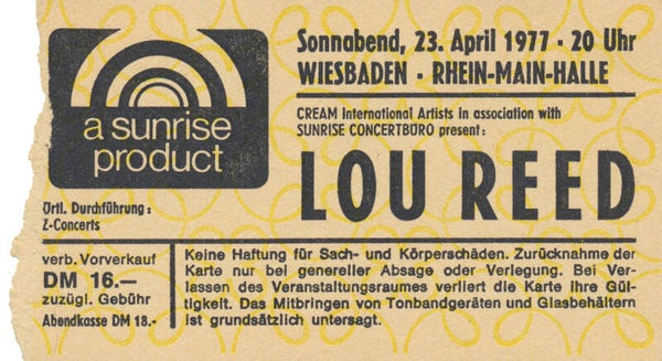 Lou Reed - Wiesbaden - 1977 [Germany] - Ticket Stub