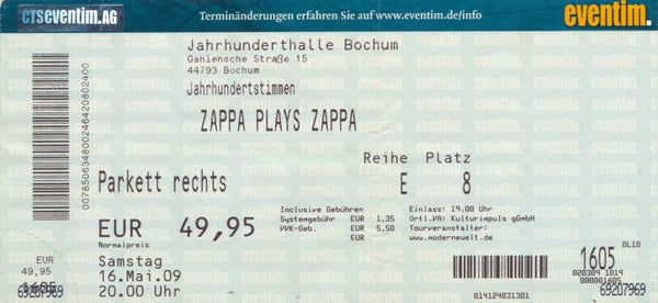 Zappa Plays Zappa - Bochum - 2009 [Germany] - Ticket Stub