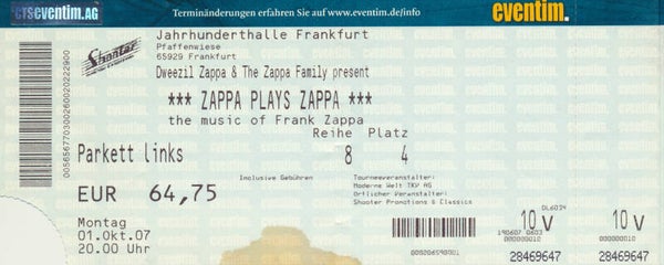 Zappa Plays Zappa - Frankfurt - 2007 [Germany] - Ticket Stub