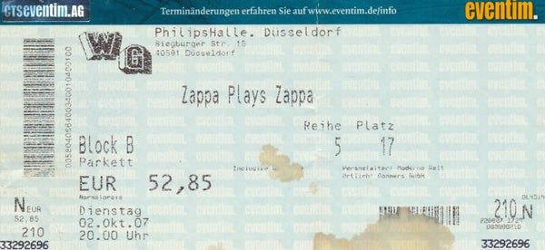 Zappa Plays Zappa - Düsseldorf - 2007 [Germany] - Ticket Stub