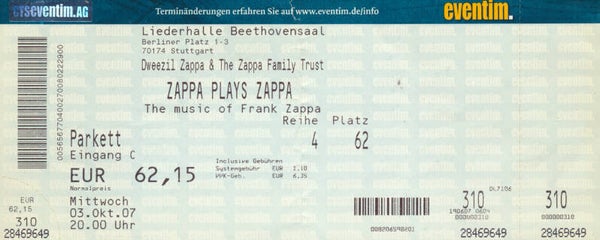 Zappa Plays Zappa - Stuttgart - 2007 [Germany] - Ticket Stub