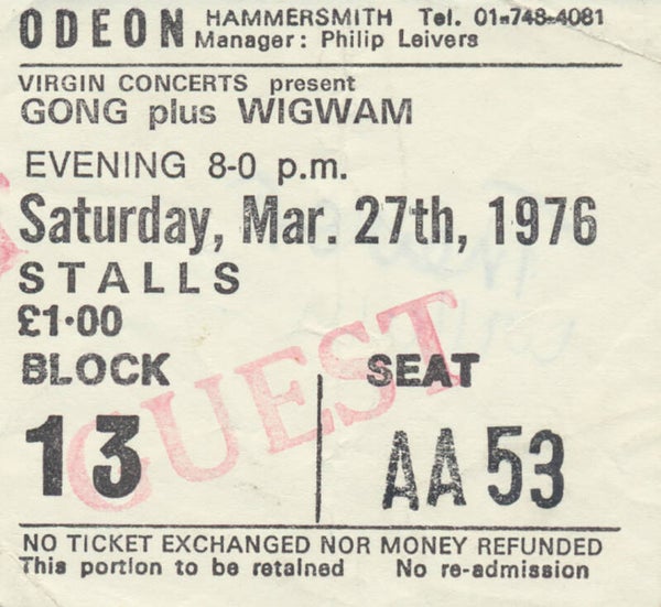 Gong - Wigwam - London - 1976 [UK] - Guest Ticket Stub