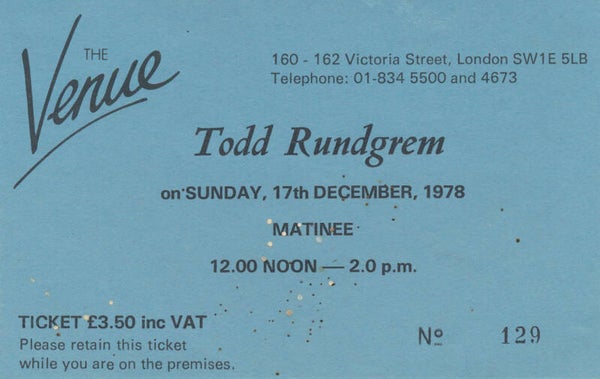 Todd Rundgren - The Venue, London - 1978 [UK] - Ticket Stub