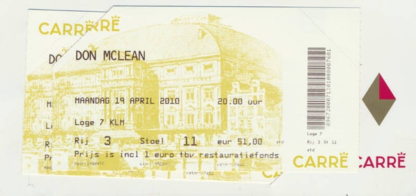 Don McLean - Carré, Amsterdam - 2010 [Holland] - Ticket Stub