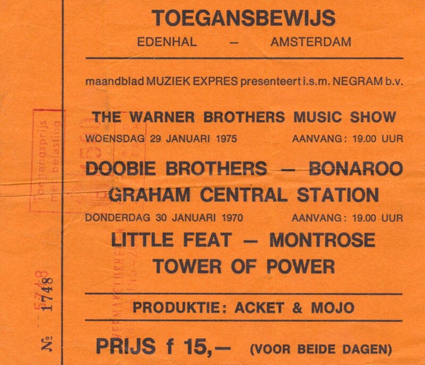Doobie Brothers - Little Feat - Montrose - Amsterdam - 1975 [Holland] - Ticket Stub