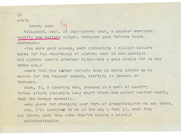 Johnny Cash - September 24, 1969 [USA] - Telex