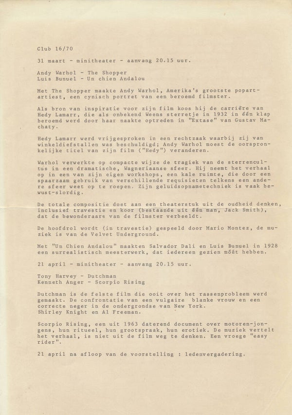 Andy Warhol - Club 16/70, Dordrecht - (ca.) 1969 [Holland] - Sheet