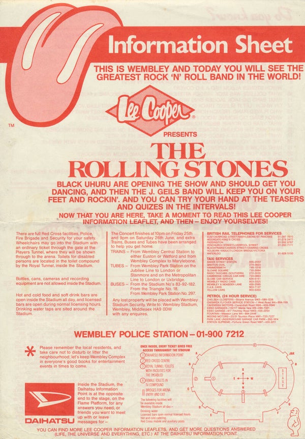 The Rolling Stones - Wembley Stadium, London - June 25/26, 1982 [UK] - Information Sheet