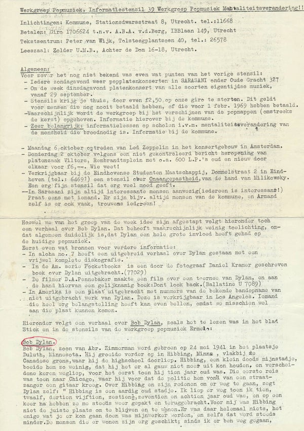 Bob Dylan - Werkgroep Popmuziek - October 2, 1969 [Holland] - Magazine