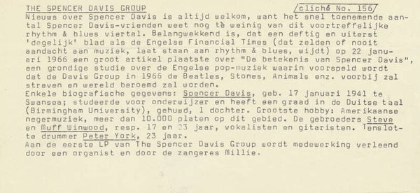 Spencer Davis Group - 1966 [Holland] - Press Release