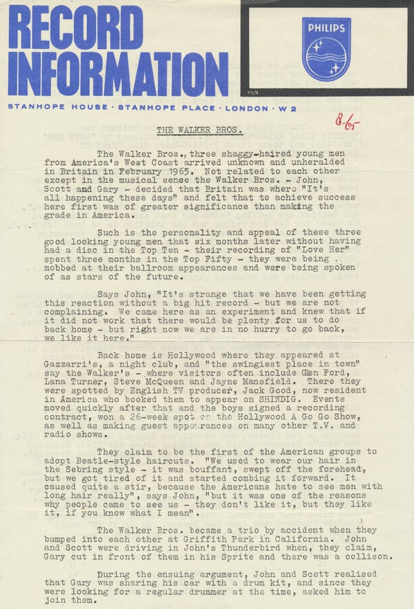 The Walker Brothers - July 1965 [UK] - Press Release