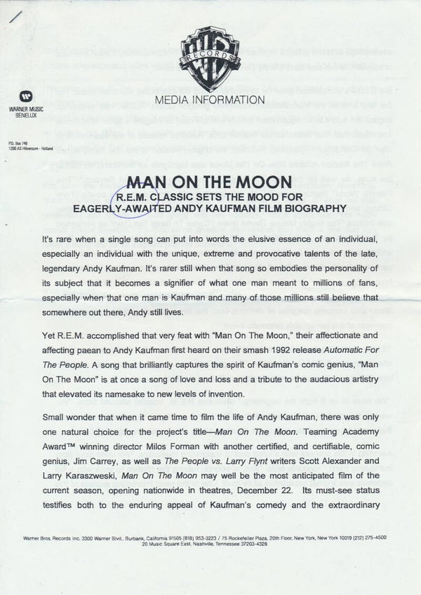 R.E.M. - Man On The Moon - November 1999 [Holland] - Press Release