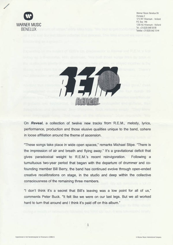R.E.M. - Reveal - April 16, 2001 [Holland] - Press Release