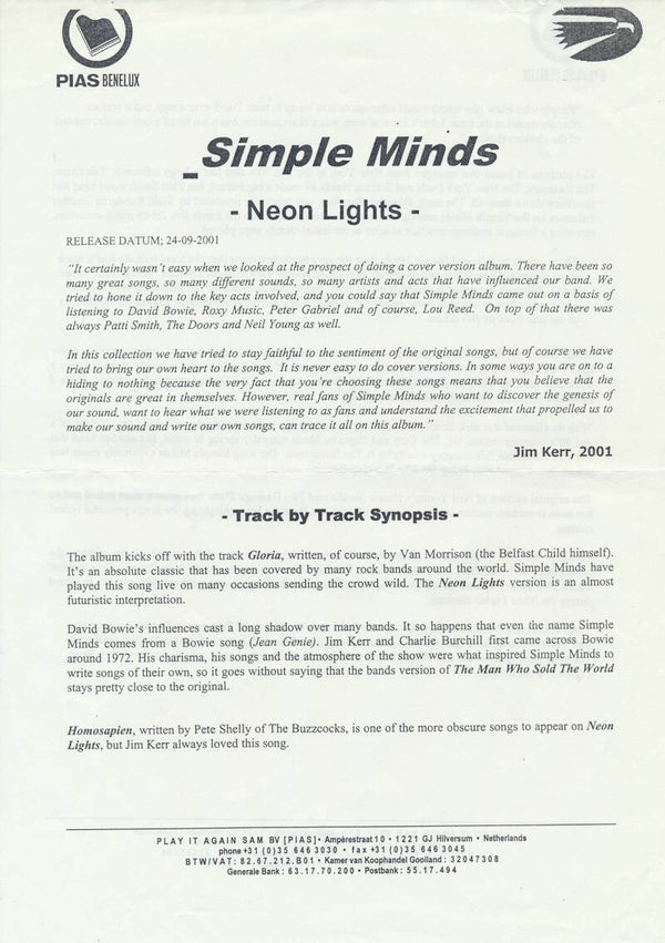 Simple Minds - Neon Lights - 2001 [Holland] - Press Release