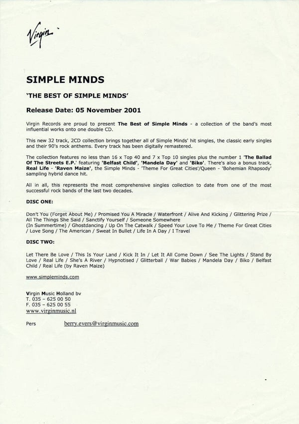 Simple Minds - The Best Of Simple Minds  - 2001 [Holland] - Press Release