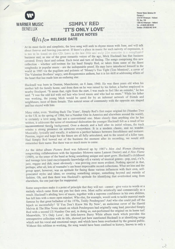 Simply Red - It's Only Love - 2000 [Holland] - Press Release