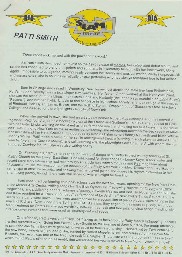 Patti Smith - May 1996 [Holland] - Press Release