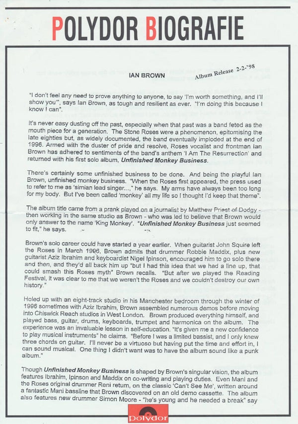 Ian Brown - Unfinished Monkey Business - 1998 [Holland] - Press Release