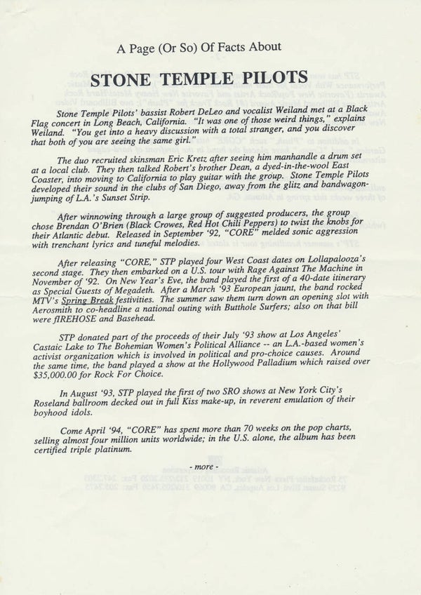 Stone Temple Pilots - A Page (Or So) Of Facts About - April 1994 [Holland] - Press Release