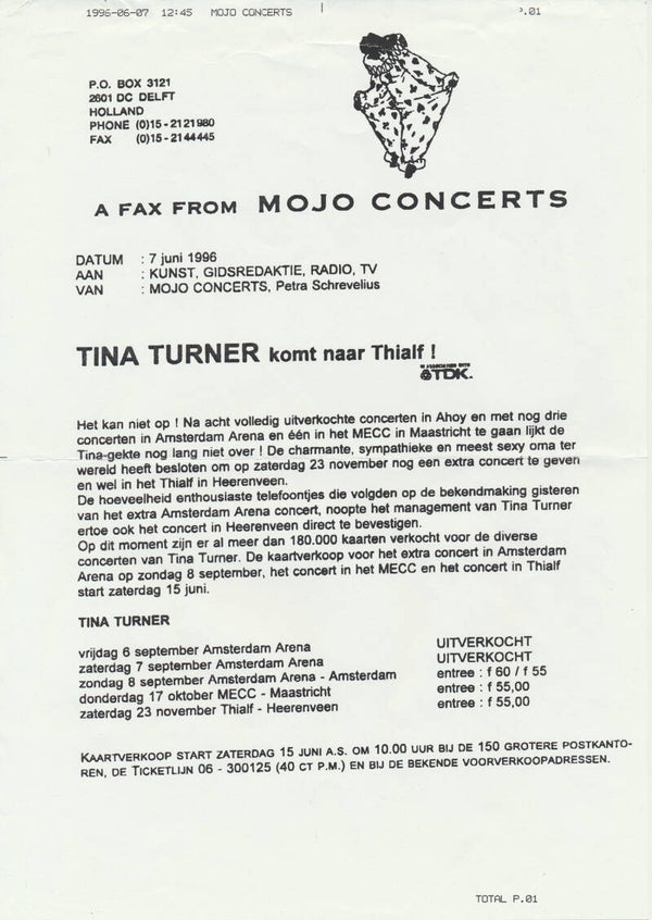 Tina Turner - Komt Naar Thialf! - June 7, 1996 [Holland] - Press Release (Fax)