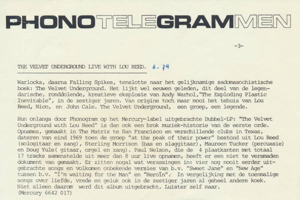 The Velvet Underground - Live With Lou Reed - August 1974 [Holland] - Press Release
