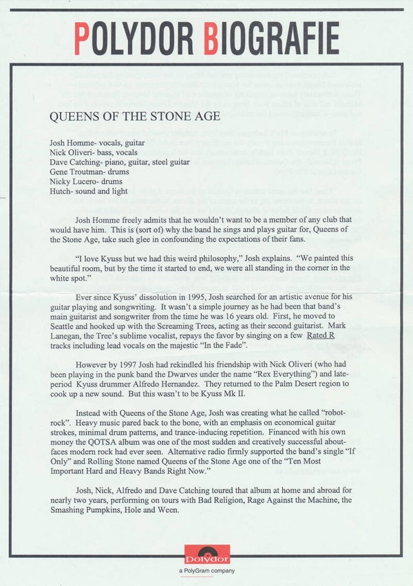 Queens Of The Stone Age - Polydor Biografie - May 2000 [Holland] - Press Release