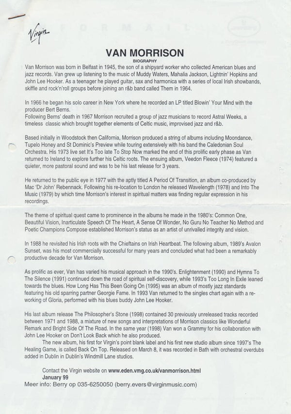 Van Morrison - Biography - January 1999 [Holland] - Press Release