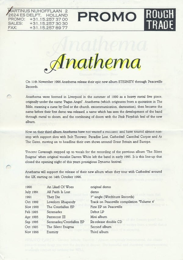 Anathema - Eternity - 1996 [Holland] - Press Release