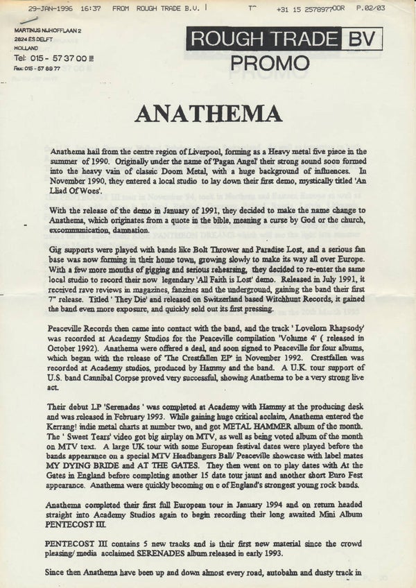 Anathema - Pentecost III - 1996 [Holland] - Press Release