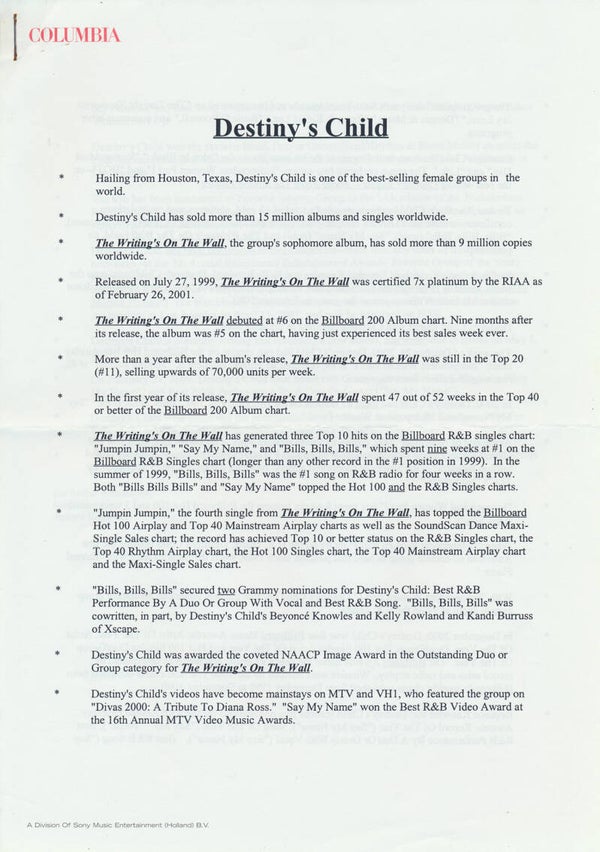 Destiny's Child - 2001 [Holland] - Press Release