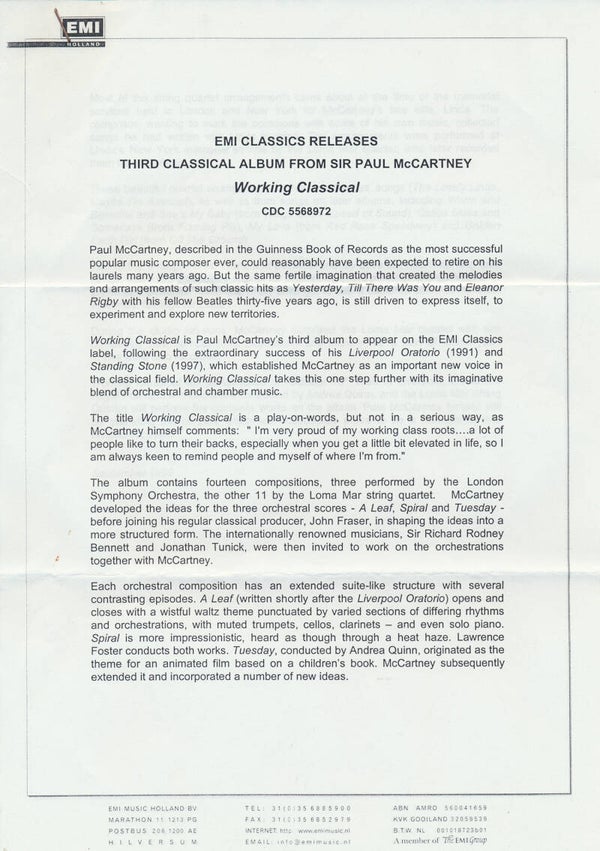 Paul McCartney - Working Classical - September 1999 [Holland] - Press Release