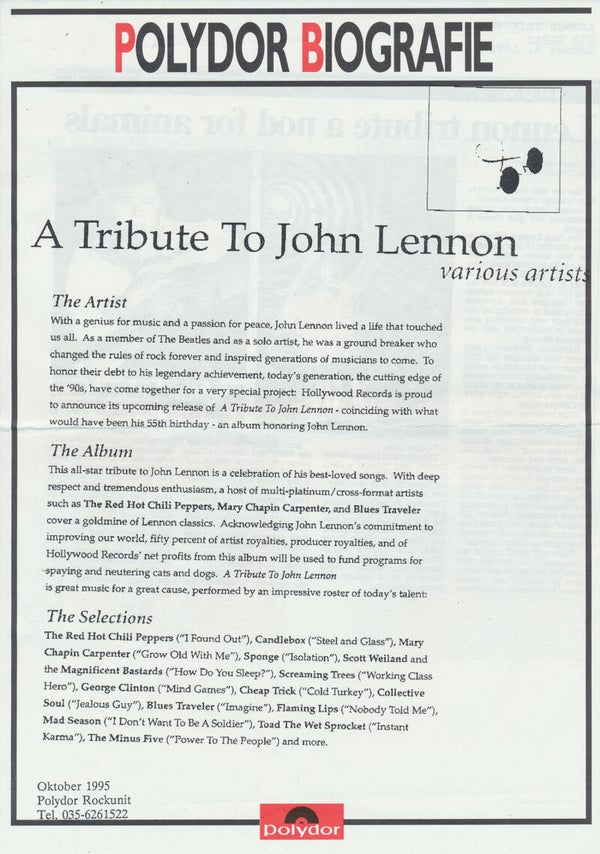 A Tribute To John Lennon - October 1995 [Holland] - Press Release