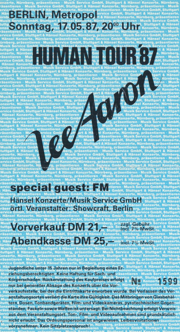 Lee Aaron - Metropol, Berlin, May 17, 1987 [Germany] - Ticket Stub